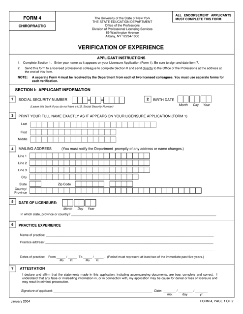 Chiropractic Form 4 Verification of Experience - New York