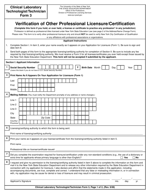 Clinical Laboratory Technologist/Certified Histological Technician Form 3  Printable Pdf
