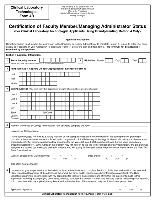 Clinical Laboratory Technologist/Certified Histological Technician Form 4B  Printable Pdf