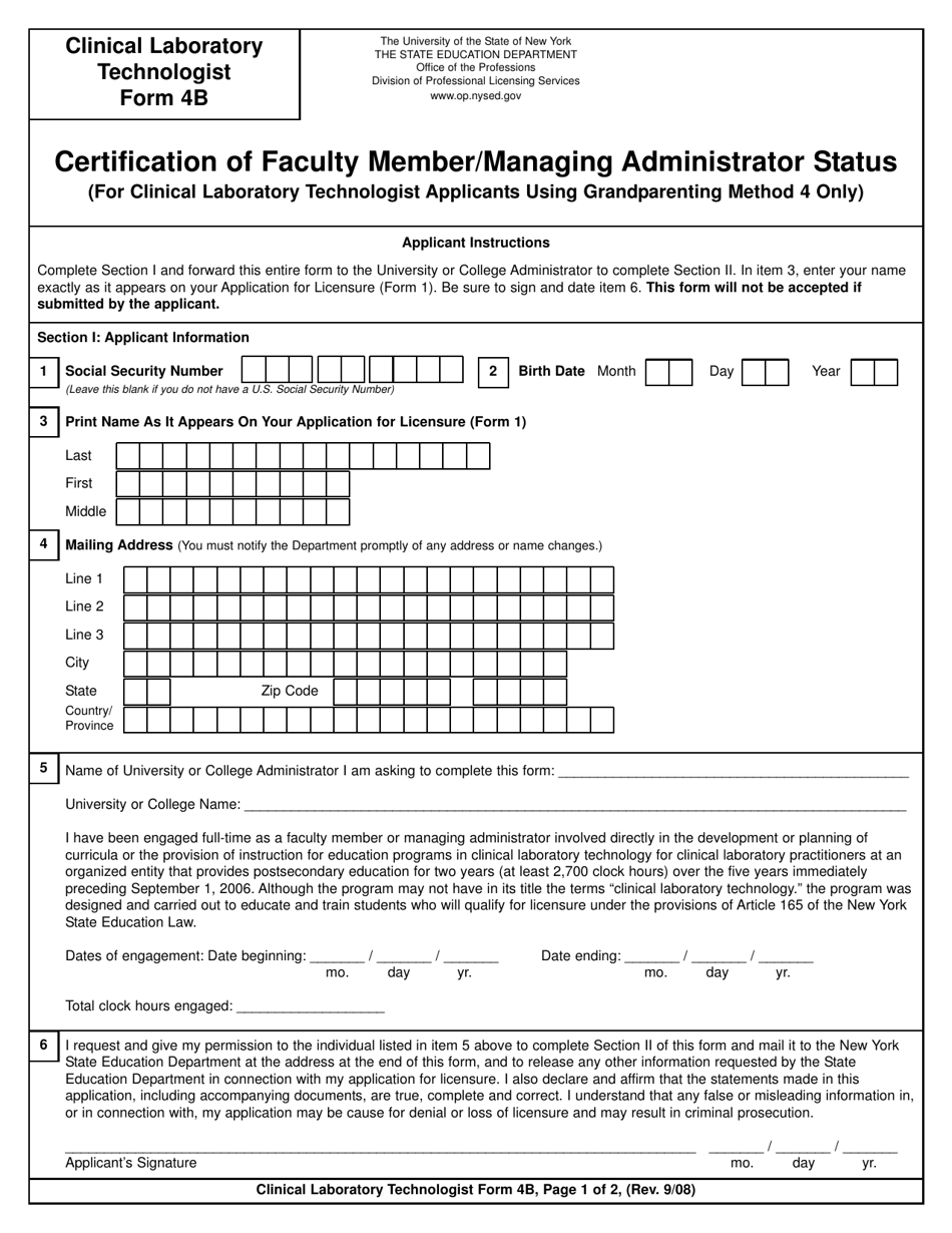 Clinical Laboratory Technologist / Certified Histological Technician Form 4B Certification of Faculty Member / Managing Administrator Status (For Clinical Laboratory Technologist Applicants Using Grandparenting Method 4 Only) - New York, Page 1