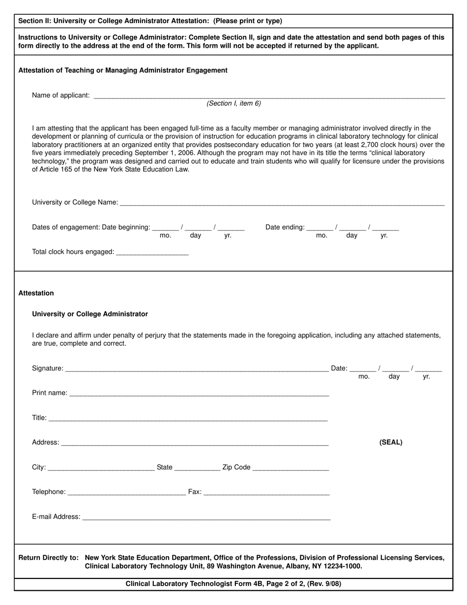 Clinical Laboratory Technologist / Certified Histological Technician Form 4B Certification of Faculty Member / Managing Administrator Status (For Clinical Laboratory Technologist Applicants Using Grandparenting Method 4 Only) - New York, Page 2