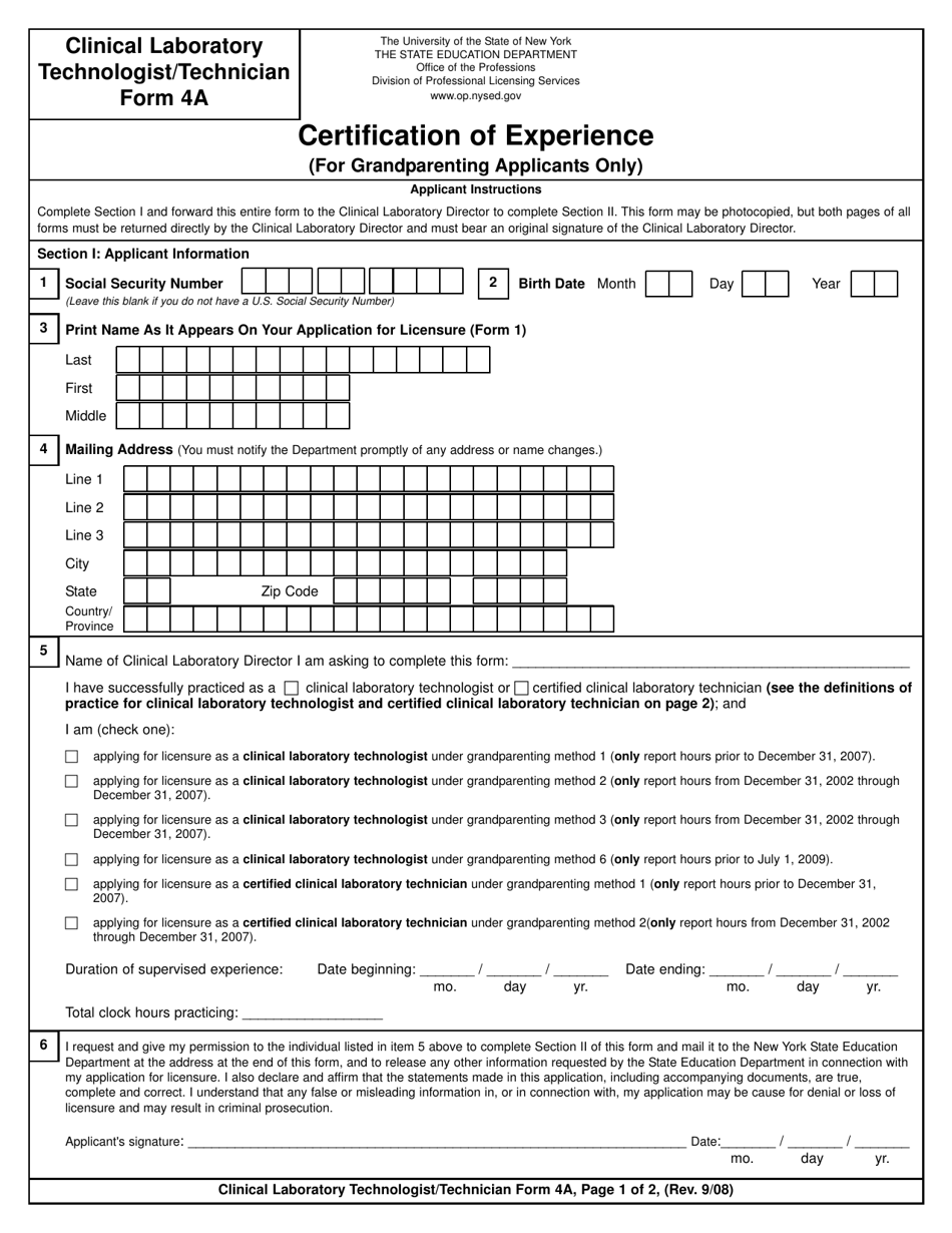 Clinical Laboratory Technologist / Certified Histological Technician Form 4A Certification of Experience (For Grandparenting Applicants Only) - New York, Page 1