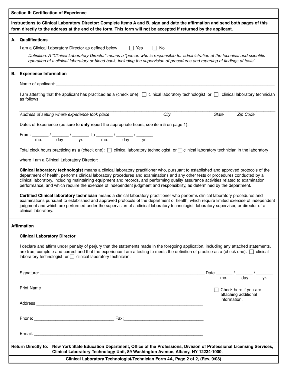 Clinical Laboratory Technologist / Certified Histological Technician Form 4A Certification of Experience (For Grandparenting Applicants Only) - New York, Page 2
