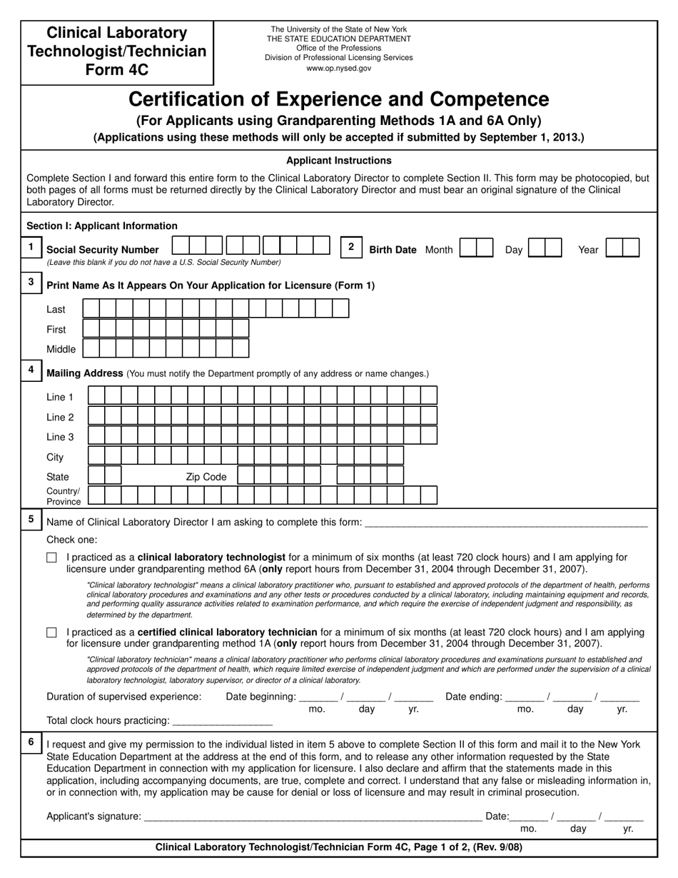 Clinical Laboratory Technologist / Certified Histological Technician Form 4C Certification of Experience and Competence - New York, Page 1