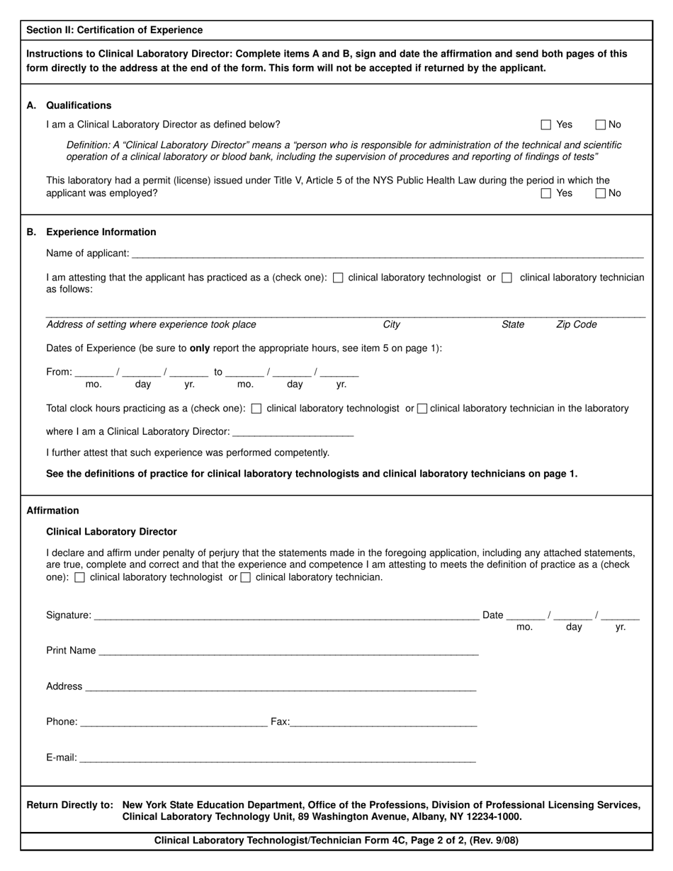 Clinical Laboratory Technologist / Certified Histological Technician Form 4C Certification of Experience and Competence - New York, Page 2