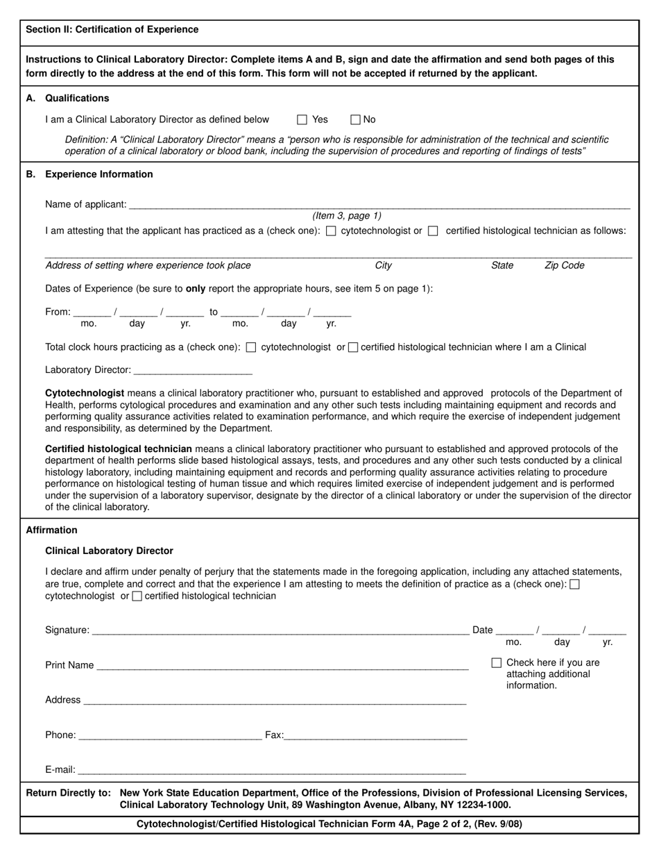 Cytotechnologist / Certified Histological Technician Form 4A Certification of Experience (For Grandparenting Applicants Only) - New York, Page 2