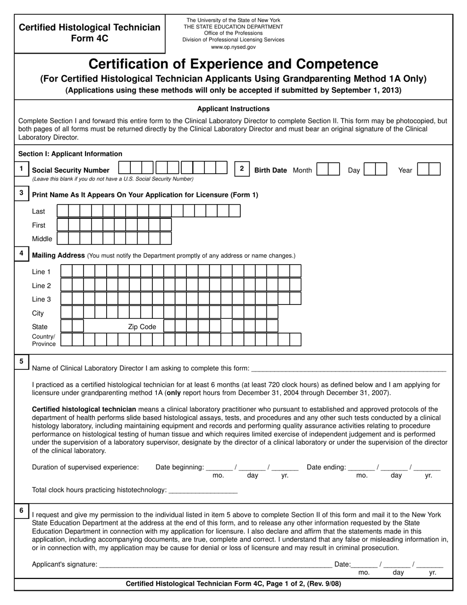 Cytotechnologist / Certified Histological Technician Form 4C Certification of Experience and Competence (For Certified Histological Technician Applicants Using Grandparenting Method 1a Only) - New York, Page 1