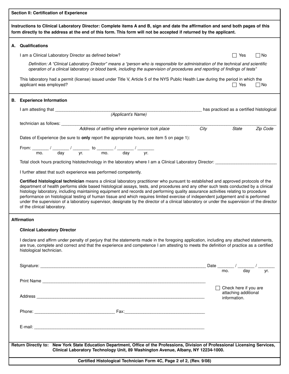 Cytotechnologist / Certified Histological Technician Form 4C Certification of Experience and Competence (For Certified Histological Technician Applicants Using Grandparenting Method 1a Only) - New York, Page 2