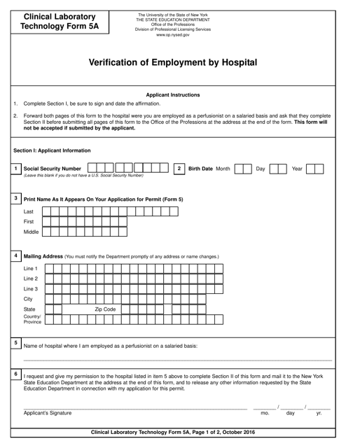 Clinical Laboratory Technology Form 5A Verification of Employment by Hospital - New York