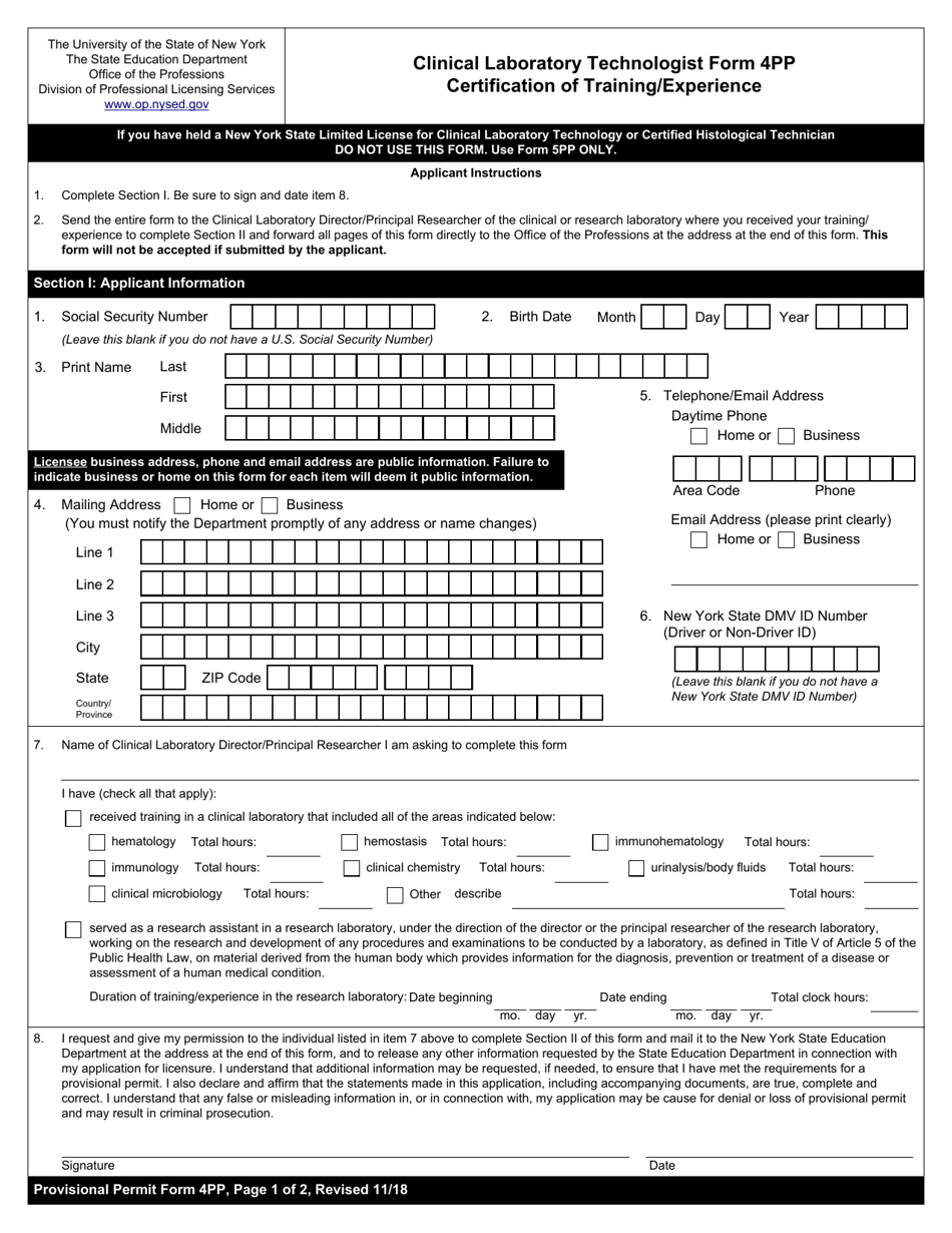 Clinical Laboratory Technologist / Certified Histological Technician Form 4PP Certification of Training / Experience - New York, Page 1
