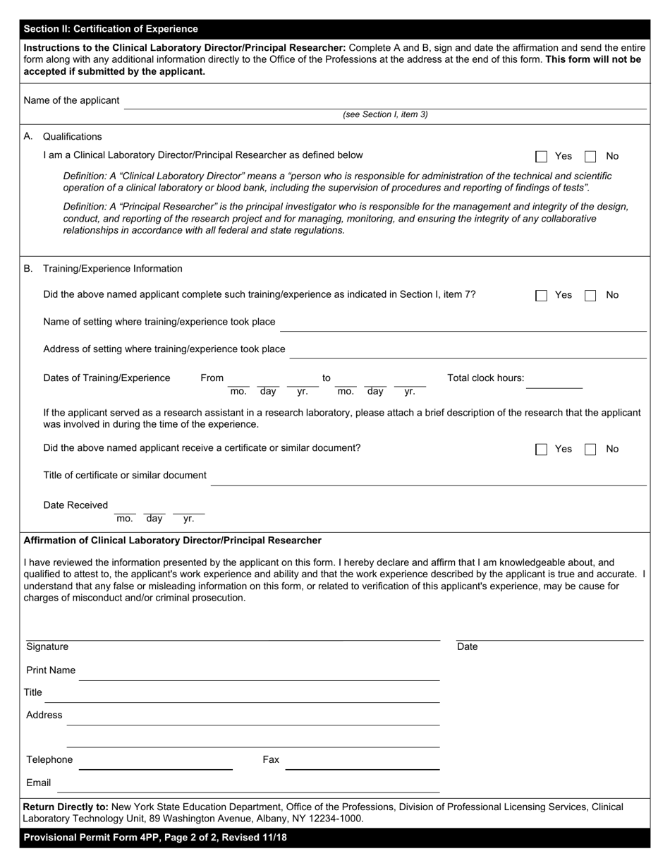 Clinical Laboratory Technologist / Certified Histological Technician Form 4PP Certification of Training / Experience - New York, Page 2