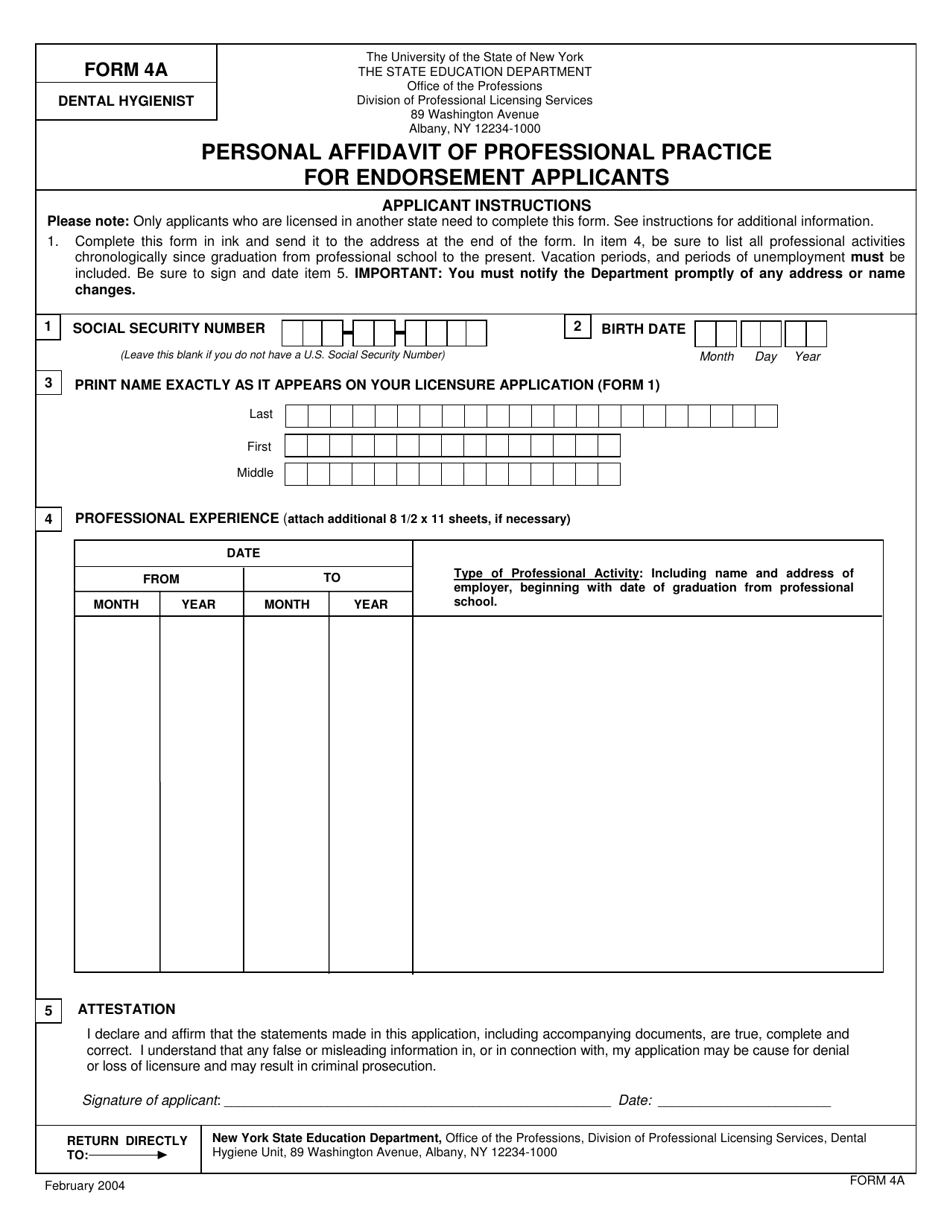 Dental Hygienist Form 4A Personal Affidavit of Professional Practice for Endorsement Applicants - New York, Page 1