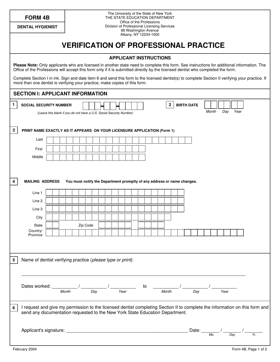 Dental Hygienist Form 4B Verification of Professional Practice - New York, Page 1