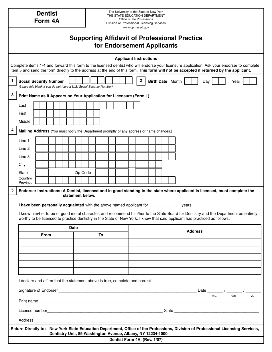 Dentist Form 4A Supporting Affidavit of Professional Practice for Endorsement Applicants - New York, Page 1