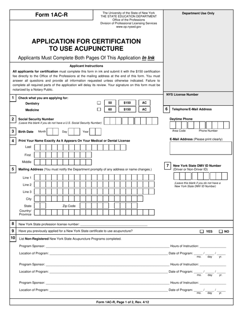Form 1AC-R Application for Certification to Use Acupuncture - New York