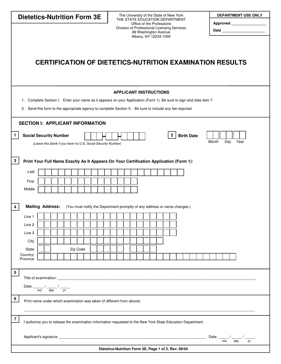 Dietetics and Nutrition Form 3E Certification of Dietetics-Nutrition Examination Results - New York, Page 1