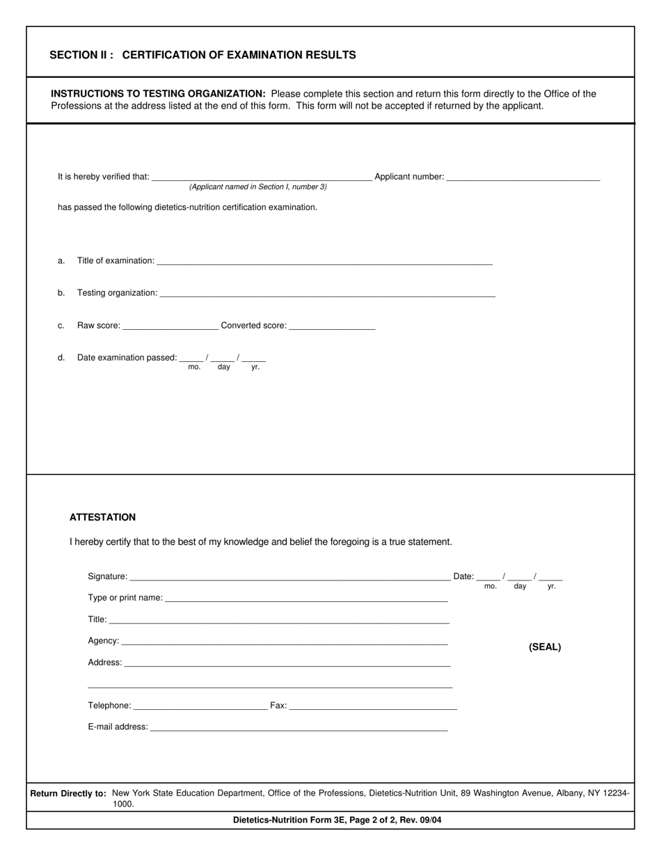 Dietetics and Nutrition Form 3E Certification of Dietetics-Nutrition Examination Results - New York, Page 2
