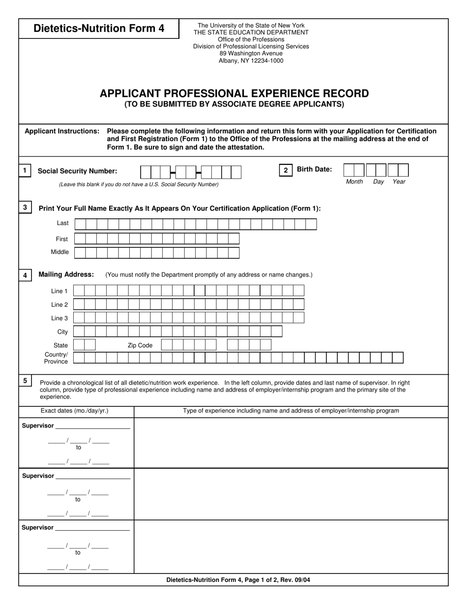Dietetics and Nutrition Form 4 Applicant Professional Experience Record - New York, Page 1