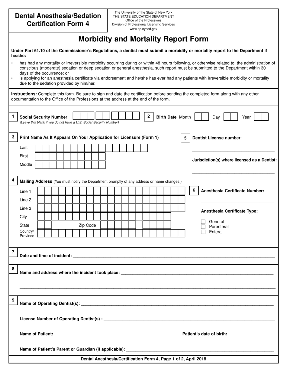 Dental Anesthesia / Sedation Certification Form 4 Morbidity and Mortality Report Form - New York, Page 1