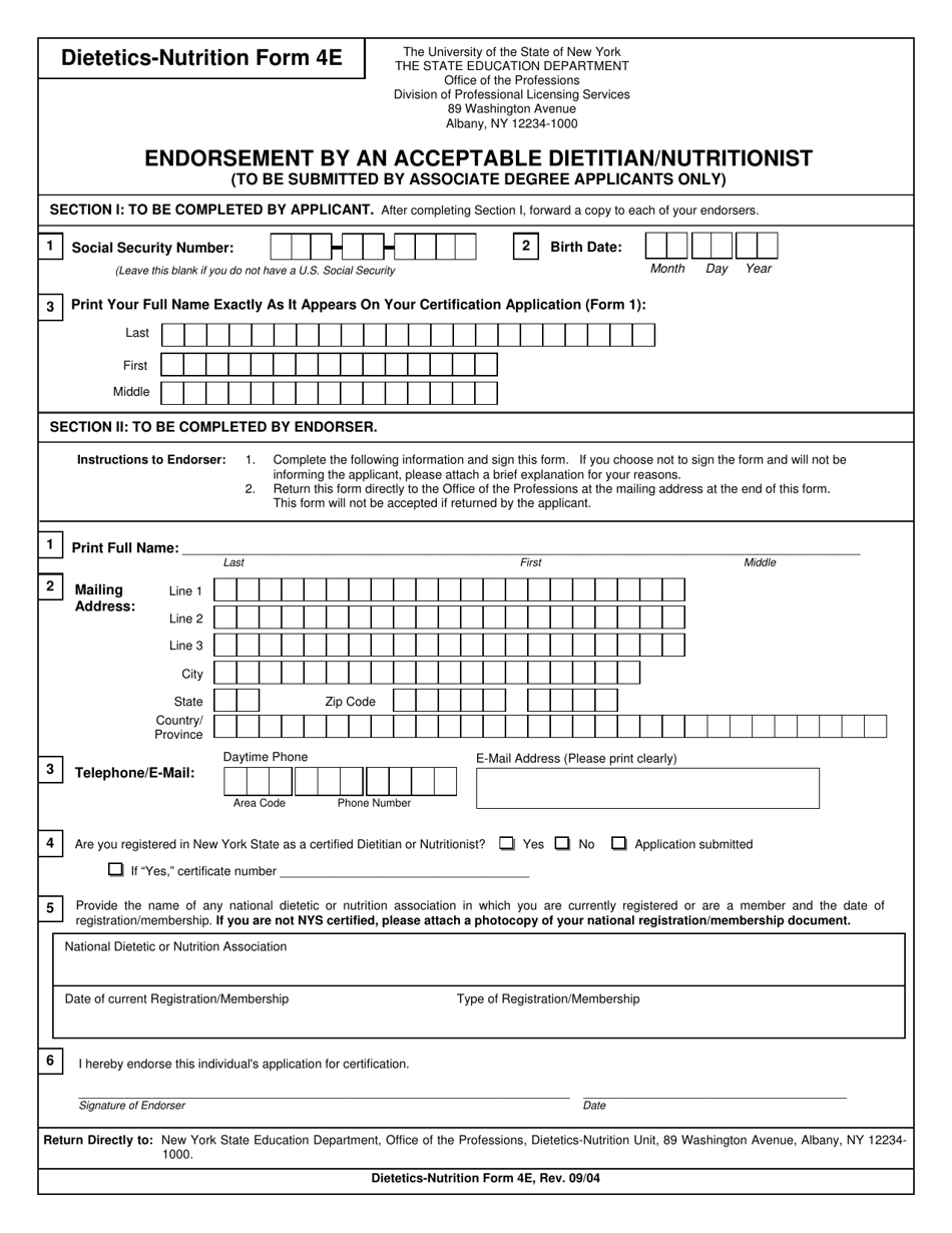 Dietetics and Nutrition Form 4E Endorsement by an Acceptable Dietitian-Nutritionist - New York, Page 1