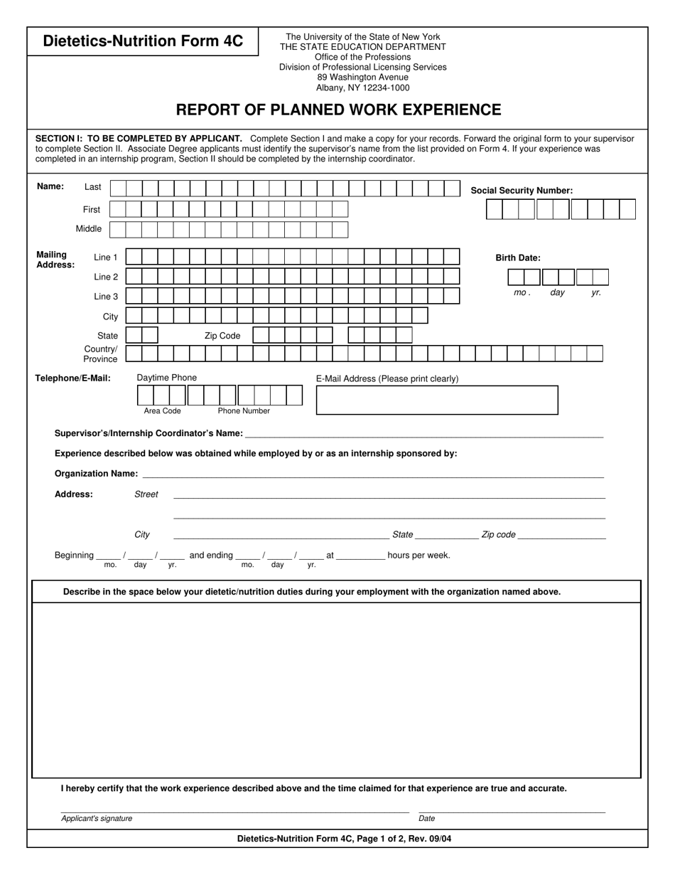 Dietetics and Nutrition Form 4C Report of Planned Work Experience - New York, Page 1