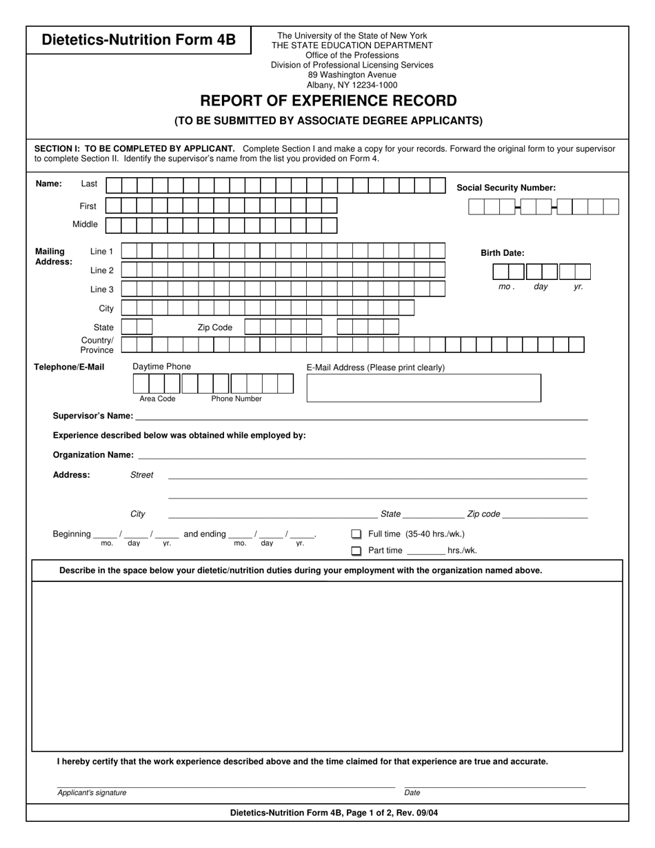 Dietetics and Nutrition Form 4B Report of Experience Record - New York, Page 1