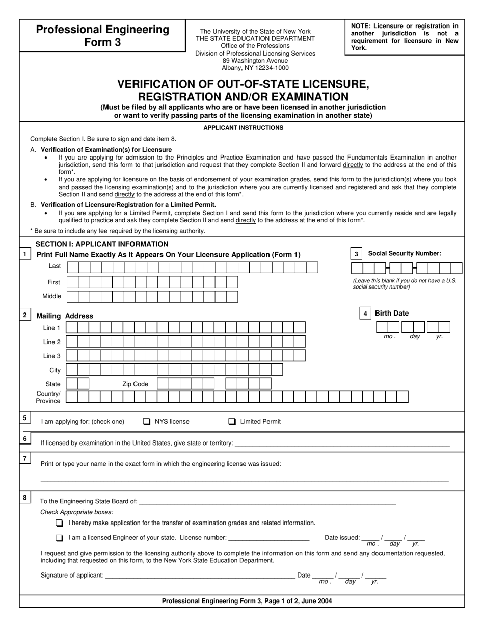Professional Engineering Form 3 Verification of Out-of-State Licensure, Examination and / or Education - New York, Page 1
