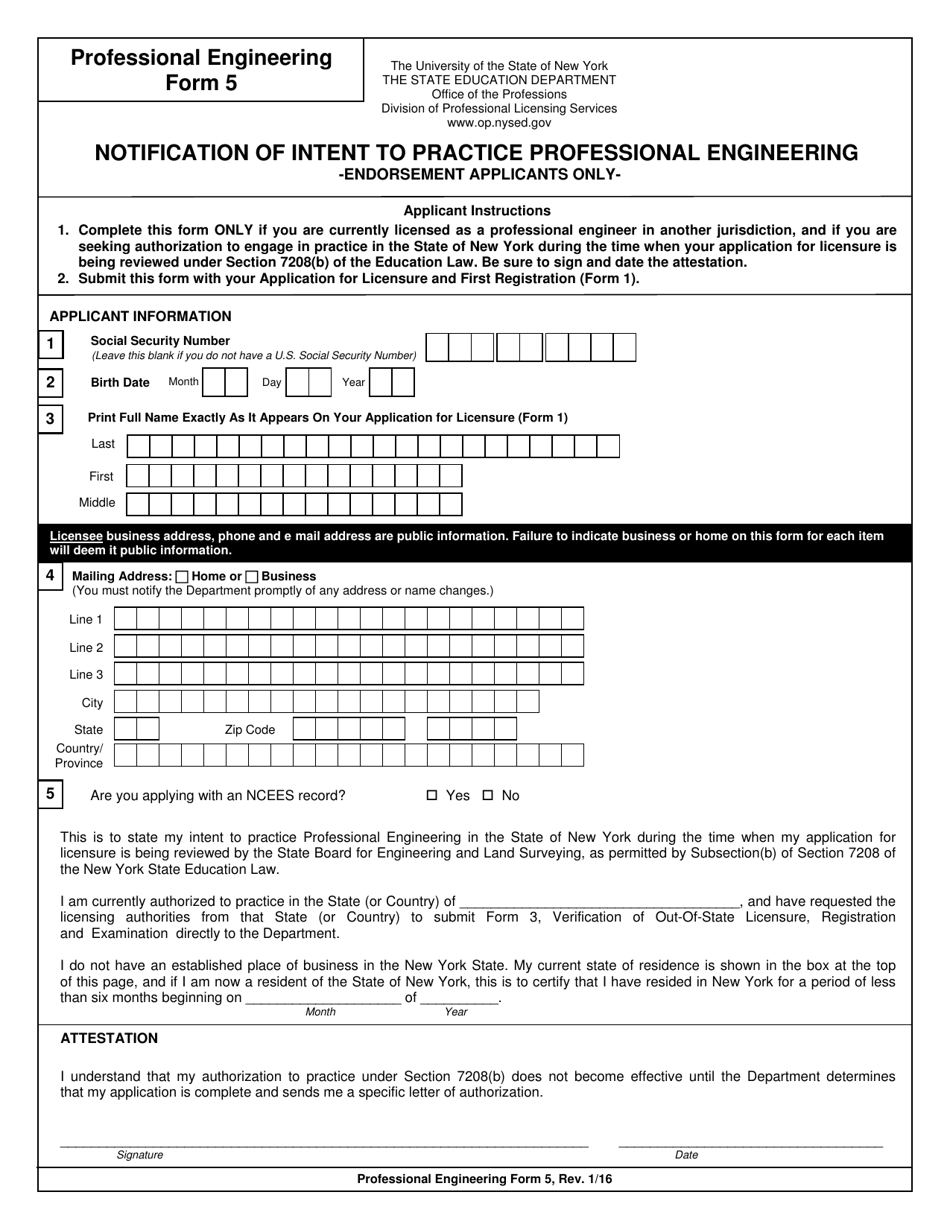 Professional Engineering Form 5 Notification of Intent to Practice Professional Engineering - New York, Page 1