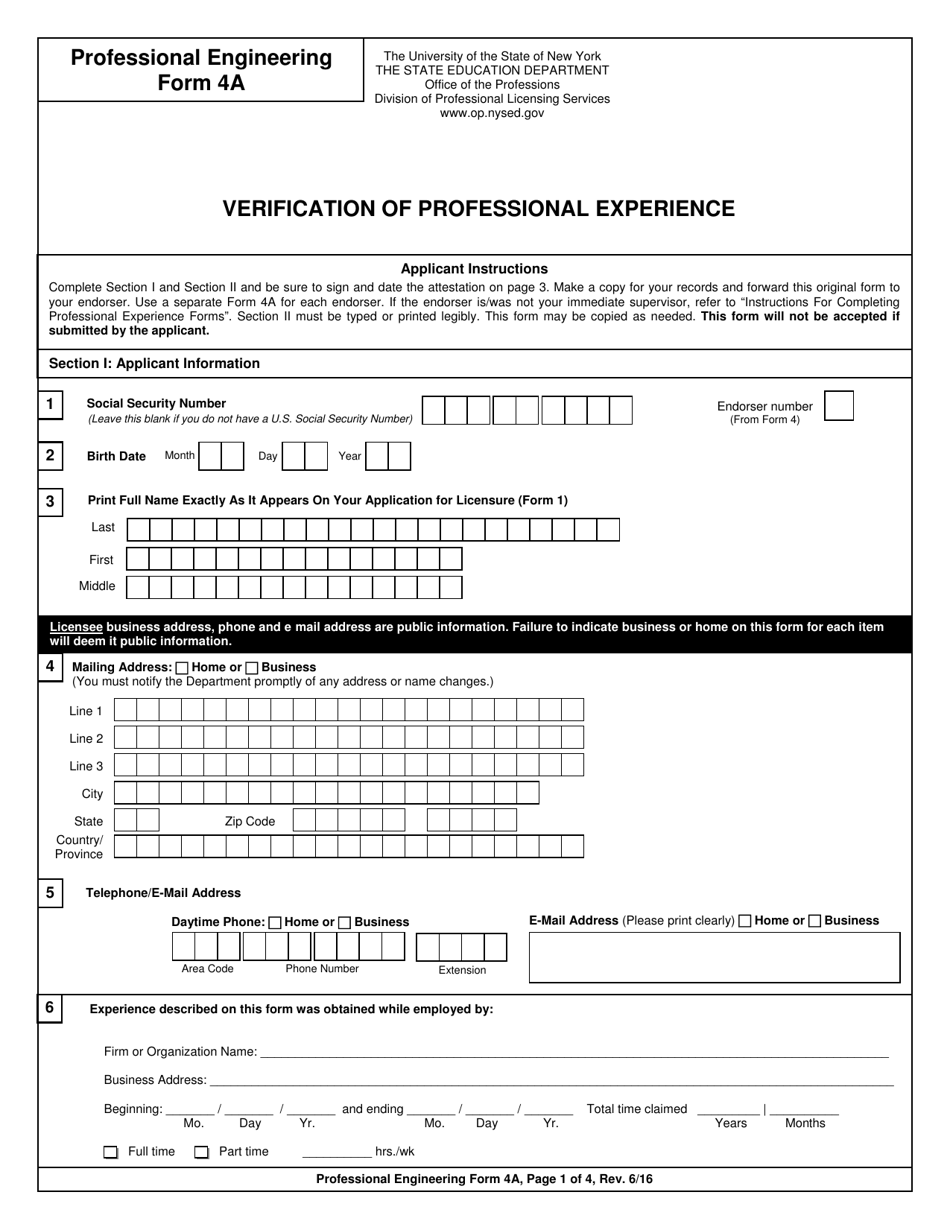 Professional Engineering Form 4A Verification of Professional Experience - New York, Page 1