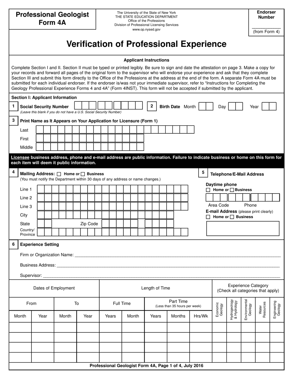 Professional Geologist Form 4A Verification of Professional Experience - New York, Page 1
