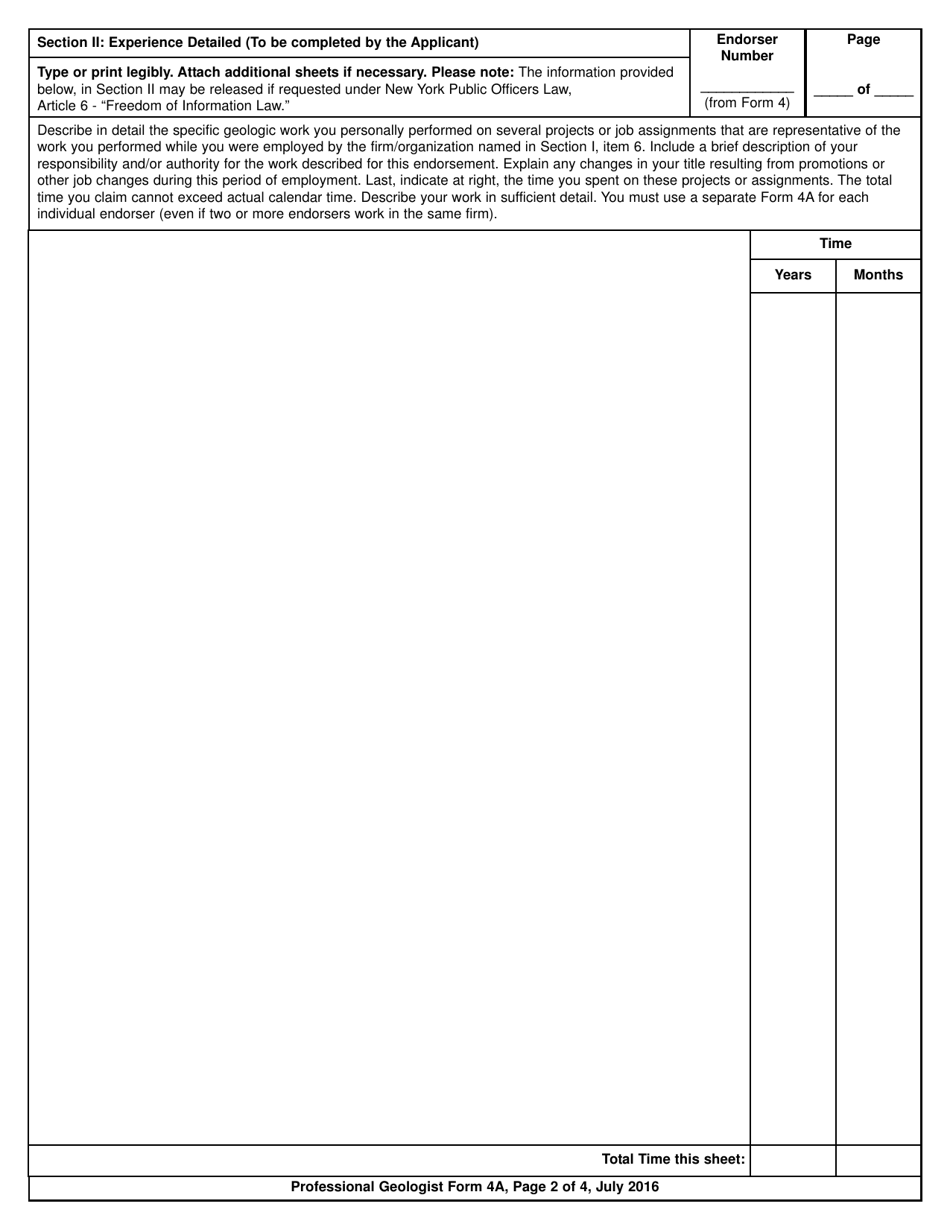 Professional Geologist Form 4A Verification of Professional Experience - New York, Page 2