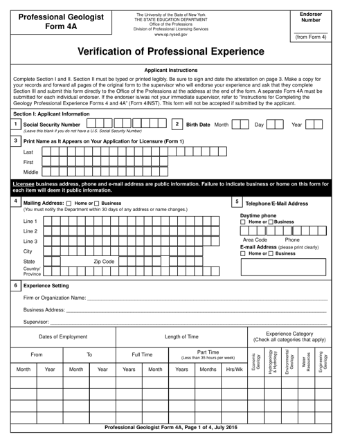 Professional Geologist Form 4A  Printable Pdf