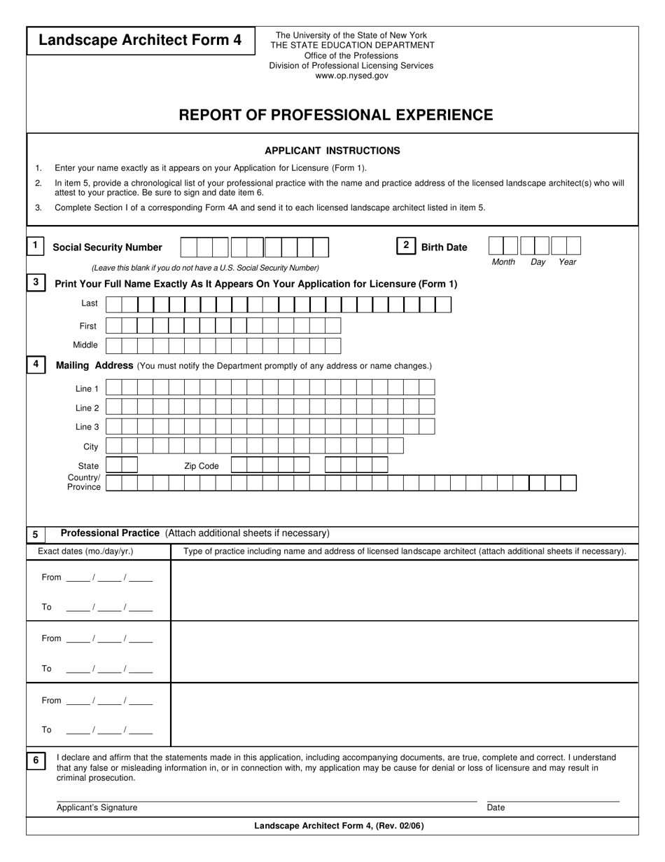 Landscape Architect Form 4 Verification of Professional Experience - New York, Page 1