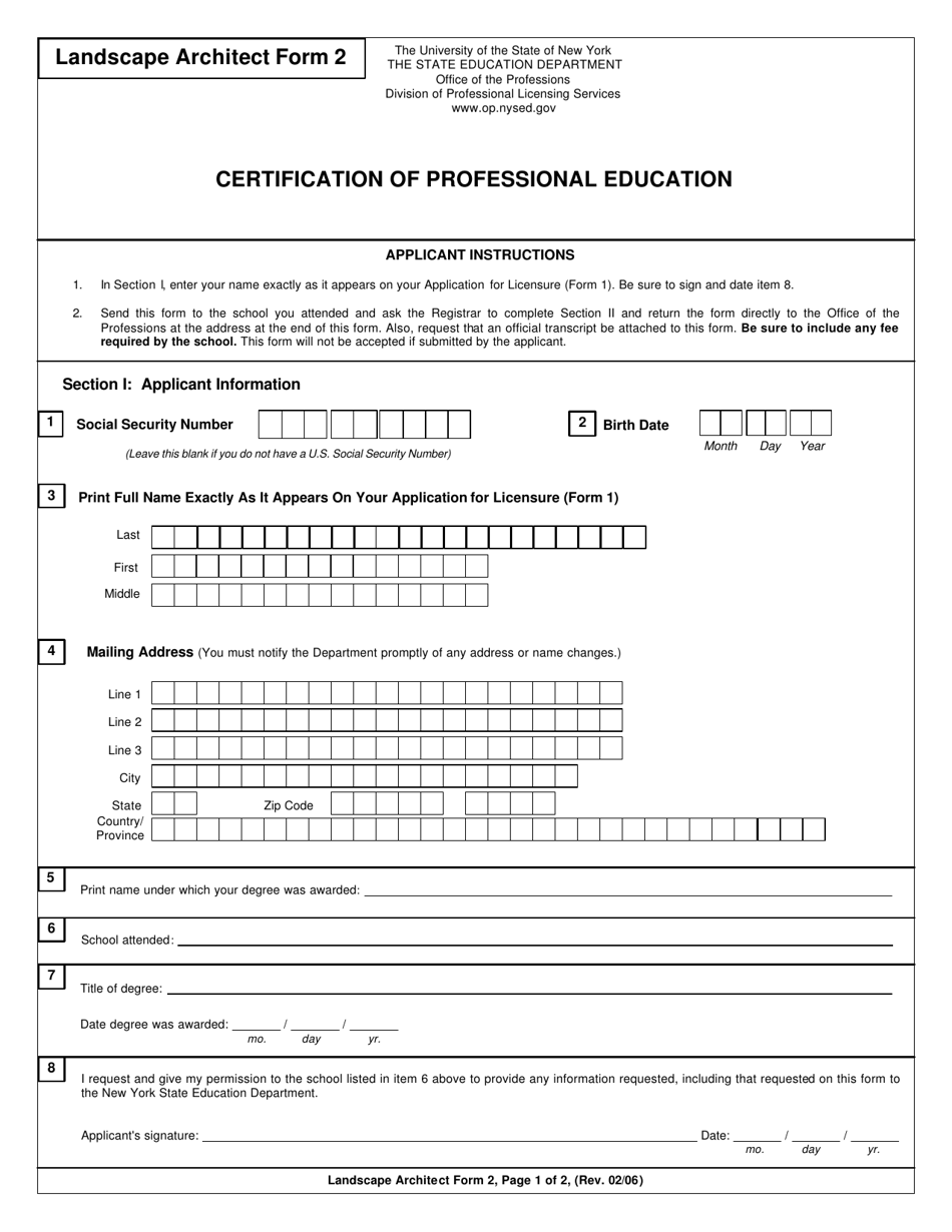 Landscape Architect Form 2 Certification of Professional Education - New York, Page 1