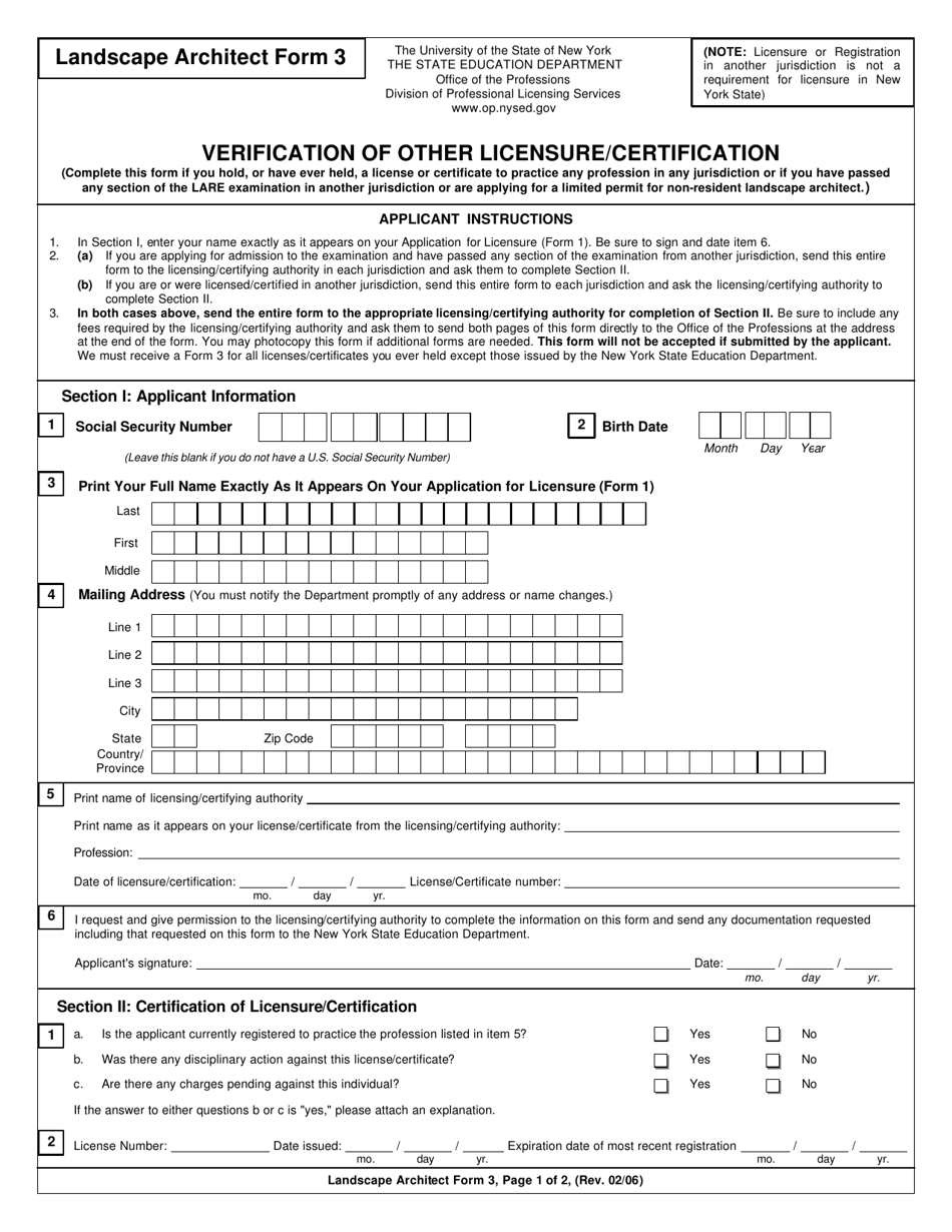 Landscape Architect Form 3 Verification of Other Licensure / Certification - New York, Page 1