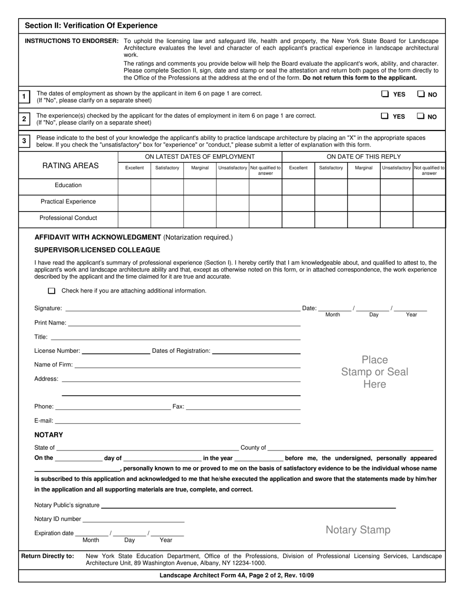 Landscape Architect Form 4A Verification of Professional Experience - New York, Page 2