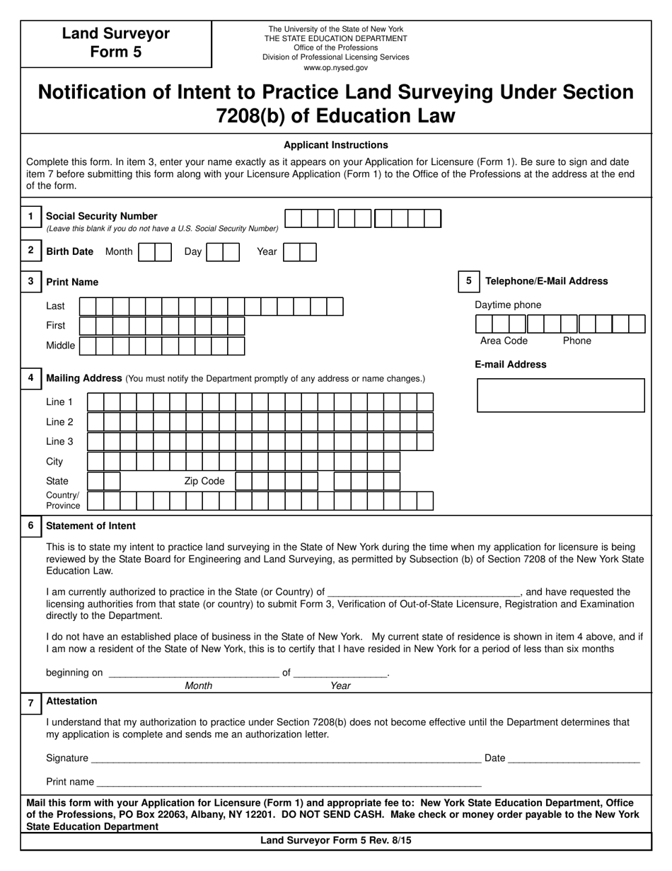 Land Surveyor Form 5 Notification of Intent to Practice Land Surveying Under Section 7208(B) of Education Law - New York, Page 1