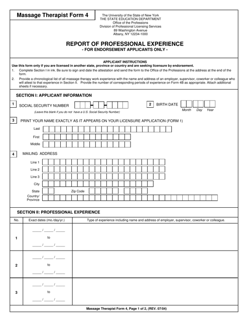 Massage Therapist Form 4 Report of Professional Experience - New York