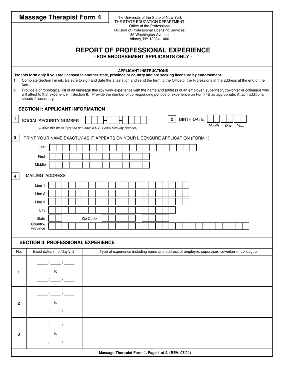 Massage Therapist Form 4 Report of Professional Experience - New York, Page 1