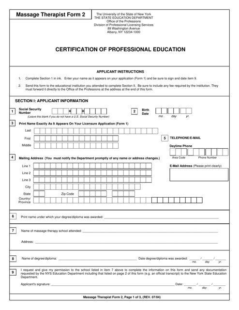 Massage Therapist Form 2 Certification of Professional Education - New York