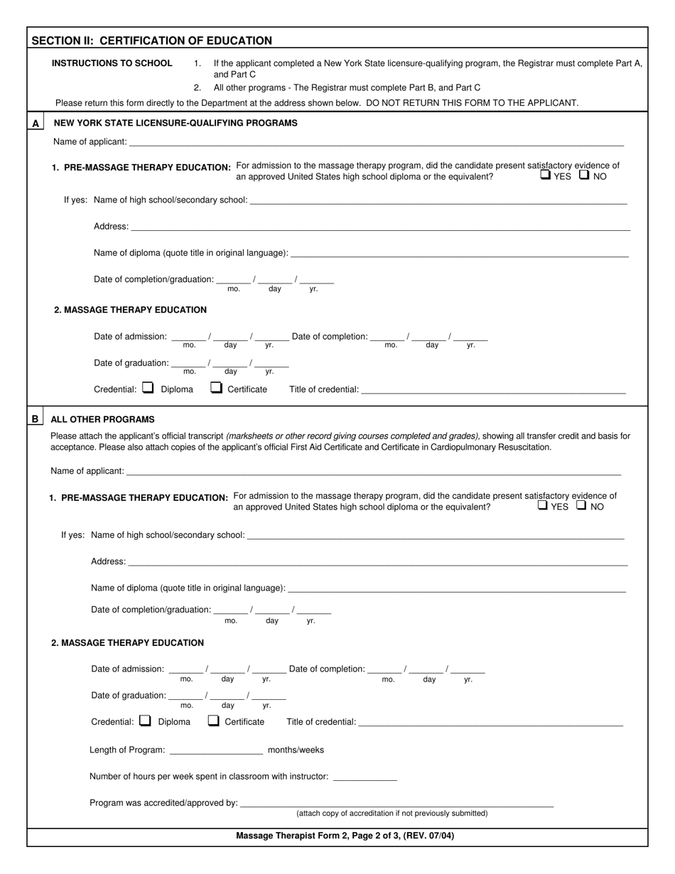 Massage Therapist Form 2 Fill Out Sign Online And Download Printable Pdf New York 