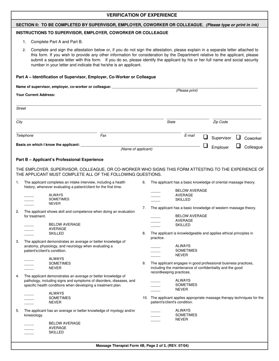 Massage Therapist Form 4B - Fill Out, Sign Online and Download ...