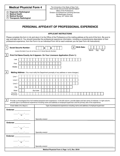 Medical Physicist Form 4 Personal Affidavit of Professional Experience - New York