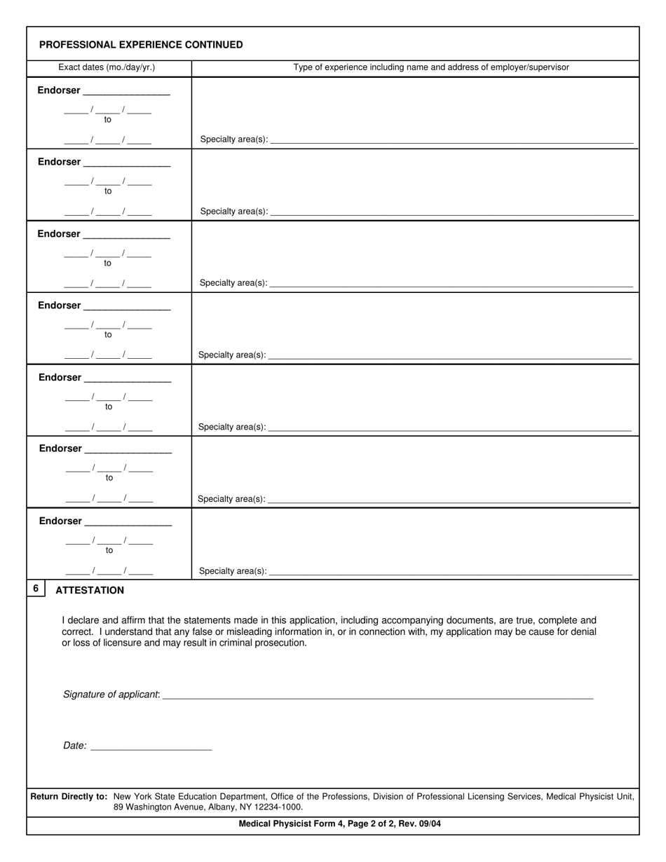 Medical Physicist Form 4 Personal Affidavit of Professional Experience - New York, Page 2