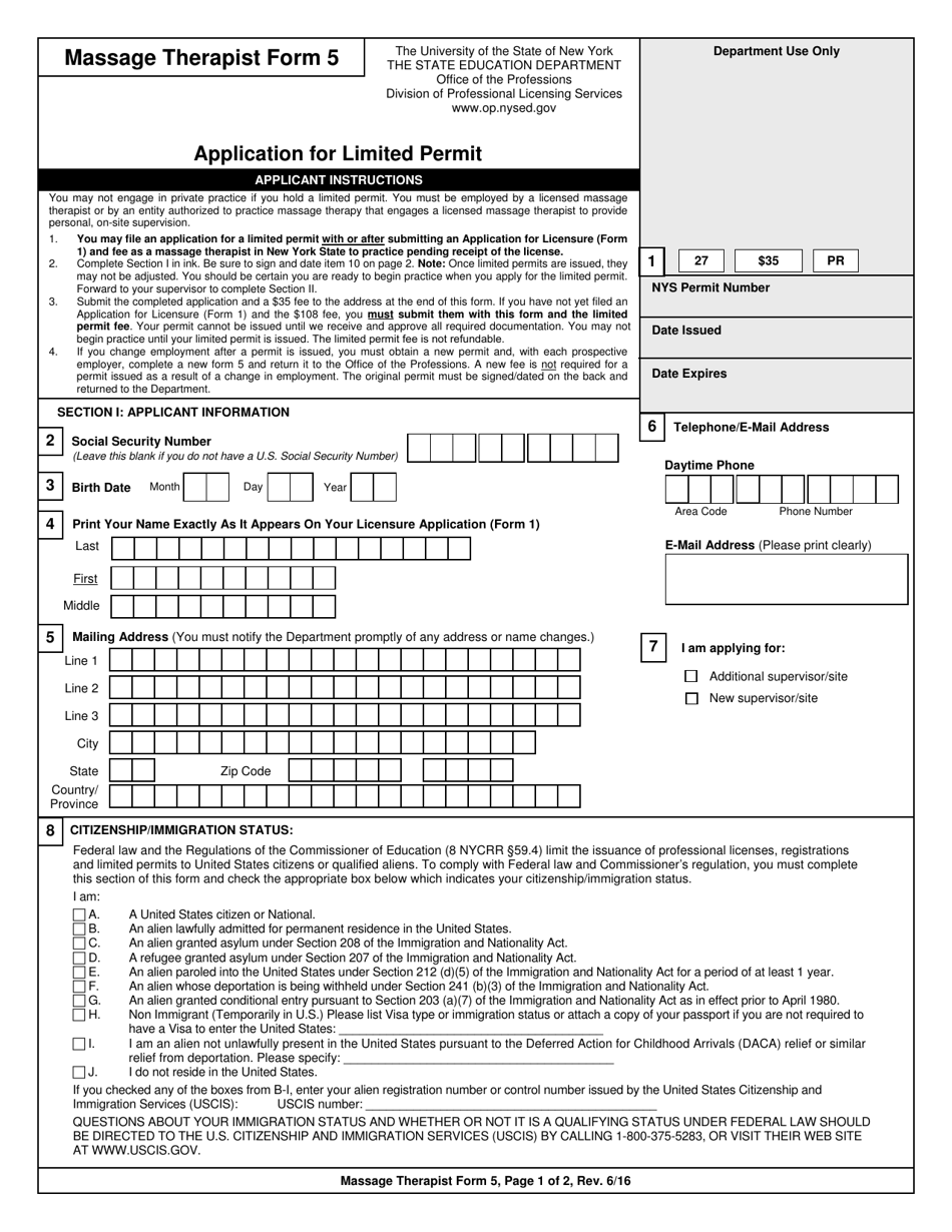 Massage Therapist Form 5 Application for Limited Permit - New York, Page 1