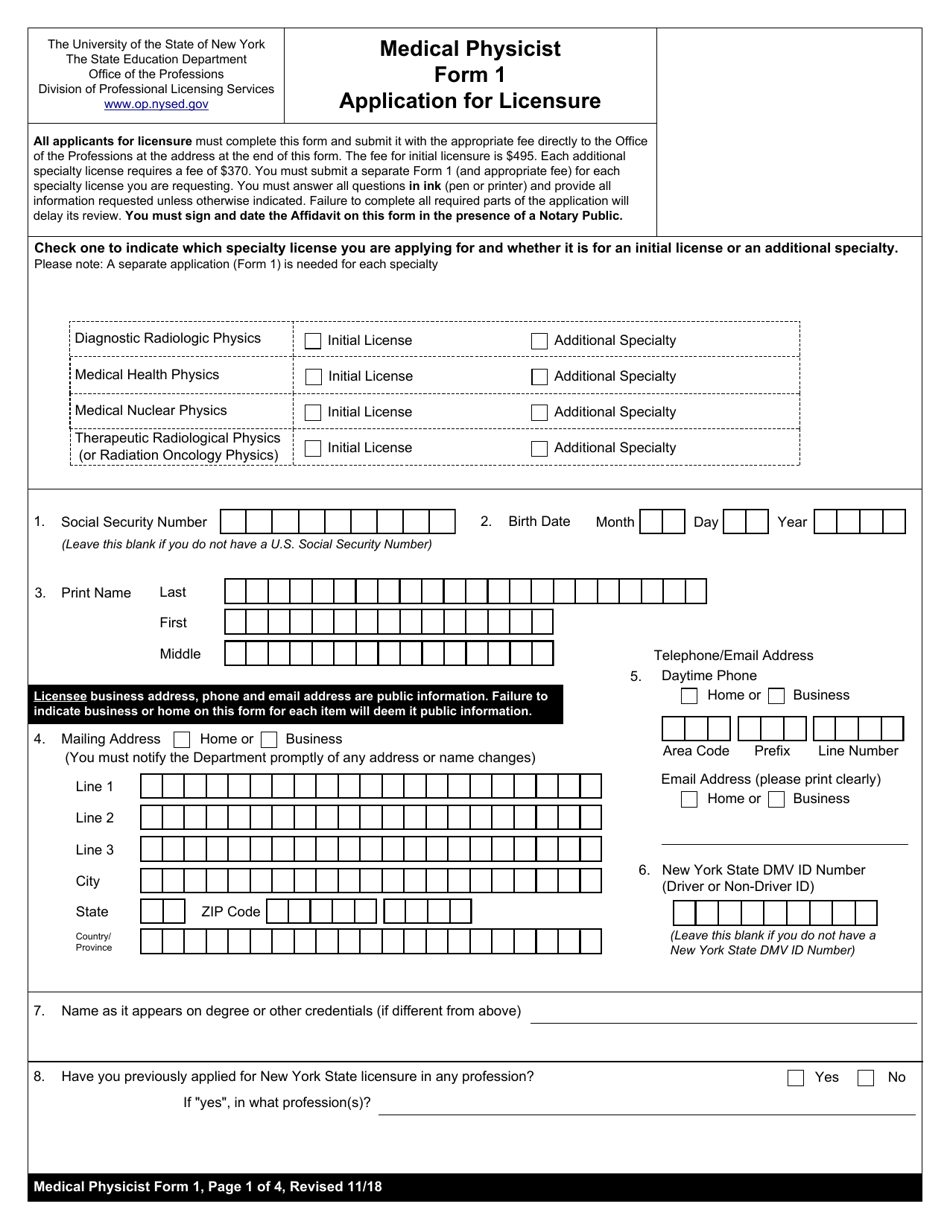 Medical Physicist Form 1 Application for Licensure - New York, Page 1