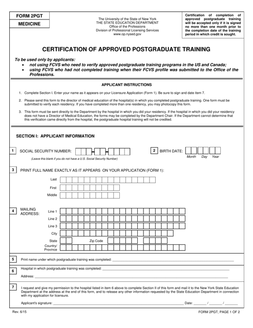 Medicine Form 2PGT Certification of Approved Postgraduate Training - New York