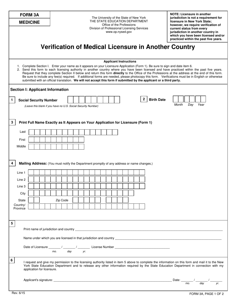 Medicine Form 3A Verification of Medical Licensure in Another Country - New York, Page 1