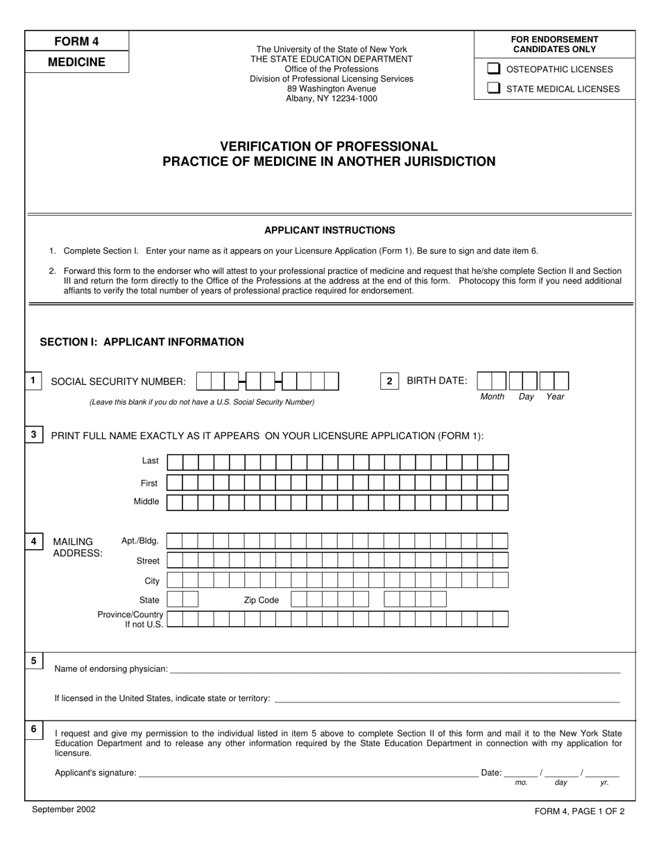 Medicine Form 4 Verification of Professional Practice of Medicine in Another Jurisdiction - New York, Page 1