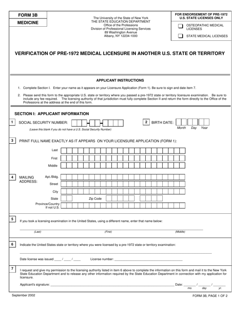 Medicine Form 3B Verification of Pre-1972 Medical Licensure in Another U.S. State or Territory - New York